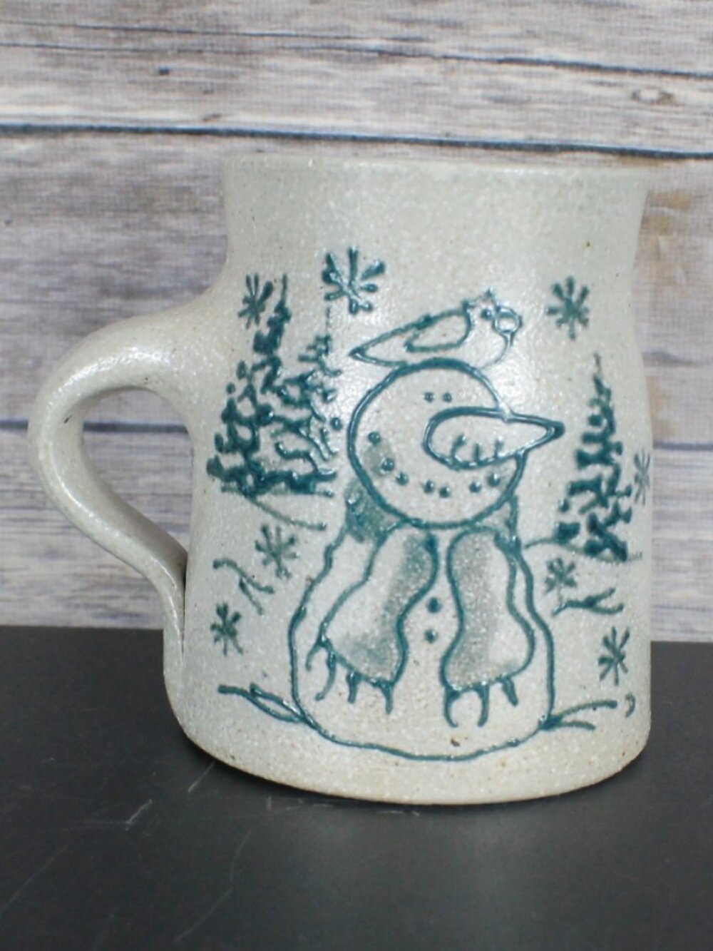 1999 Salmon Falls Snowman Mug Salt Glaze Stoneware Green Rustic Farmhouse Vtg